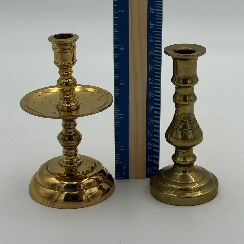 Vintage Solid Brass Candlestick Holders Mismatched Set of 2 Gold Taper Pedestal